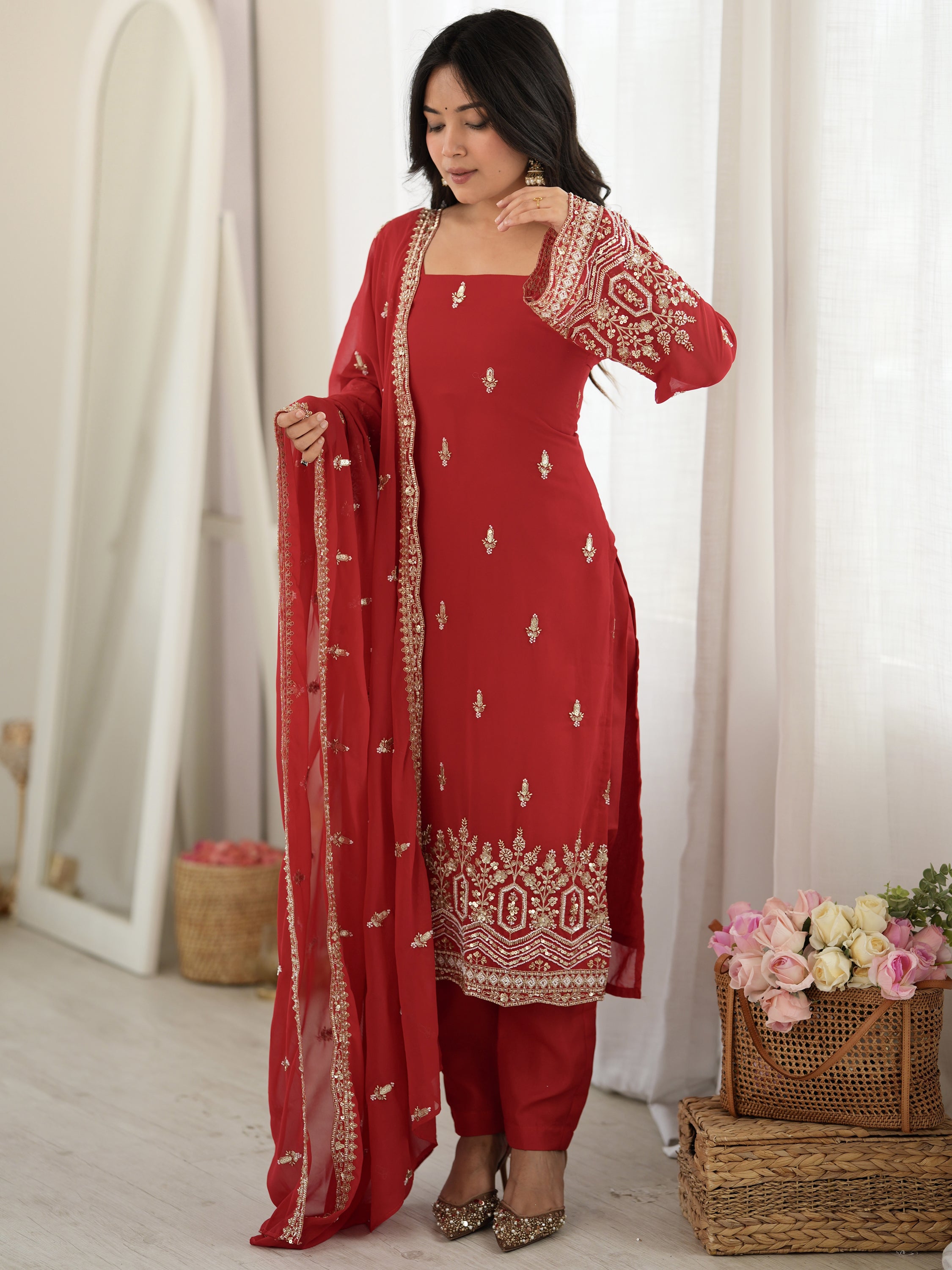 Classic Red Bead Embroidery Georgette Function Wear Salwar Suit