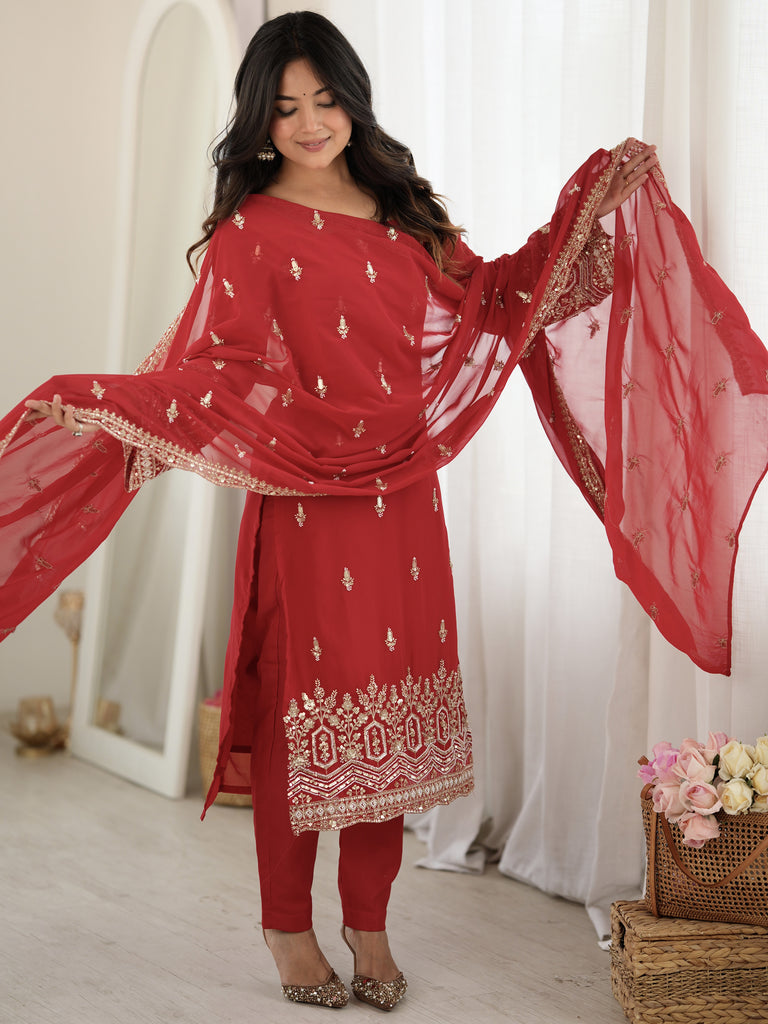 Classic Red Bead Embroidery Georgette Function Wear Salwar Suit