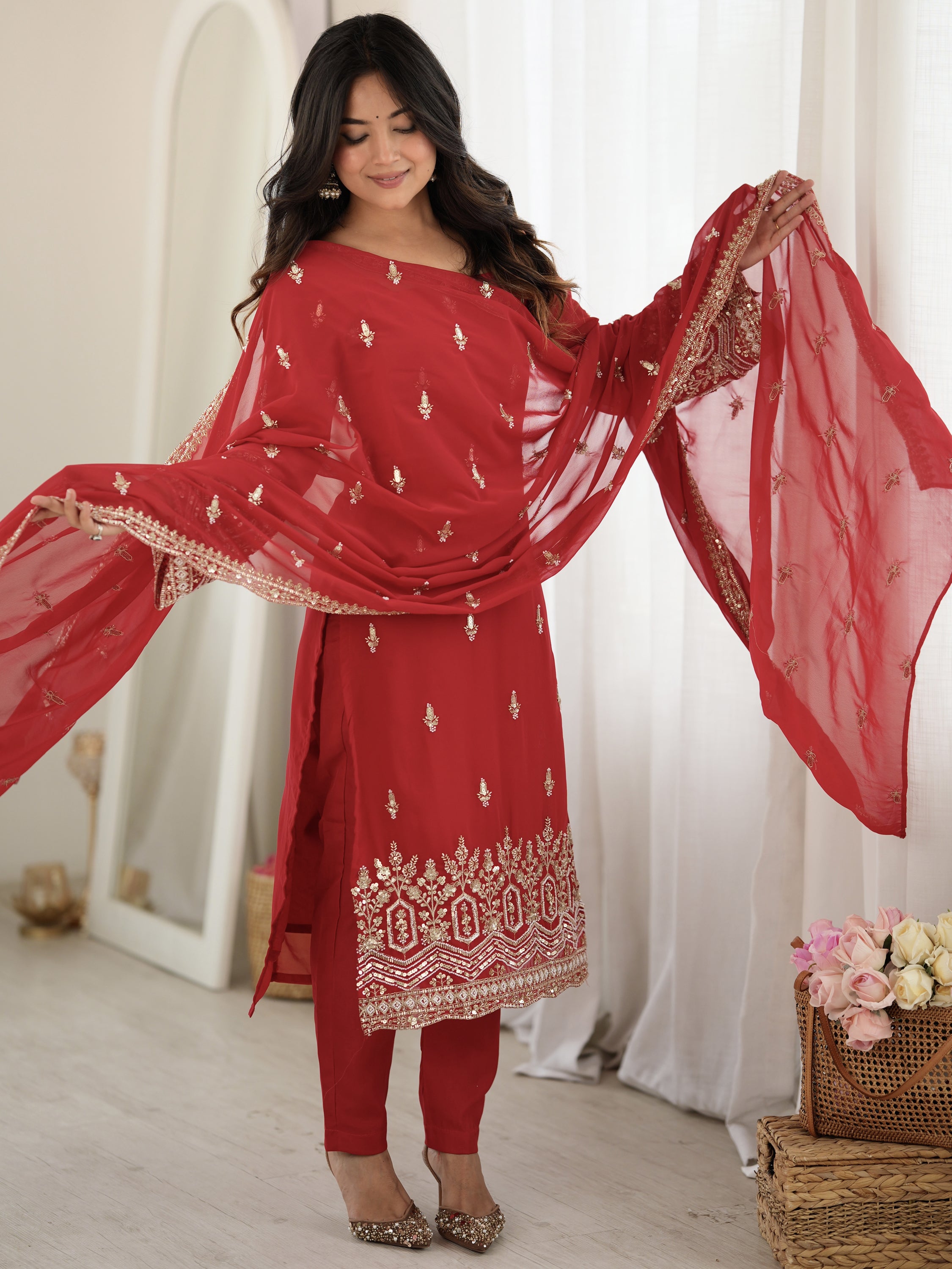Classic Red Bead Embroidery Georgette Function Wear Salwar Suit