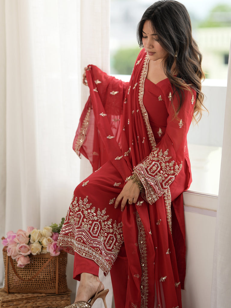 Classic Red Bead Embroidery Georgette Function Wear Salwar Suit