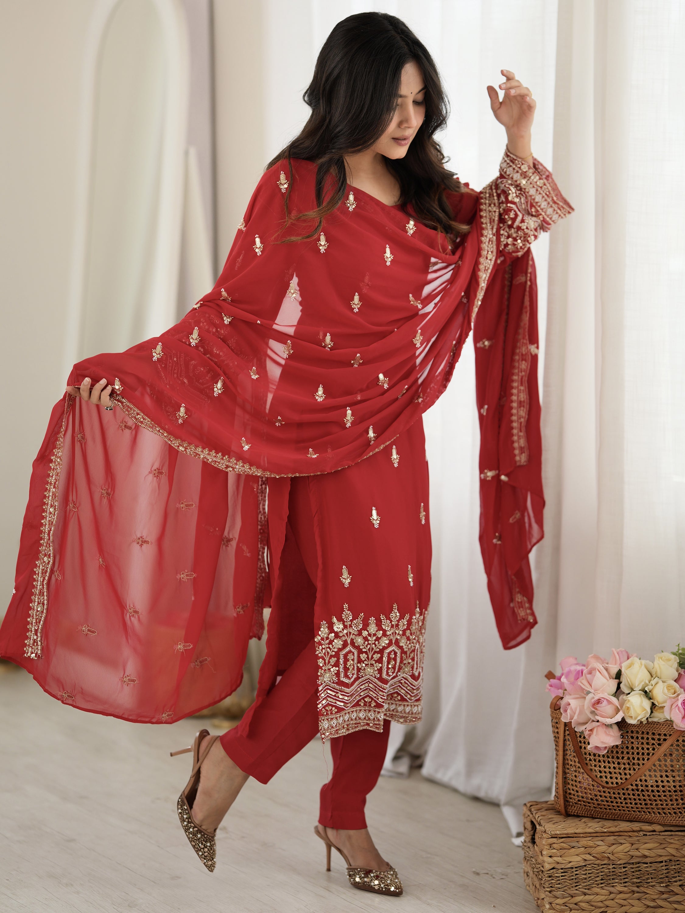 Classic Red Bead Embroidery Georgette Function Wear Salwar Suit