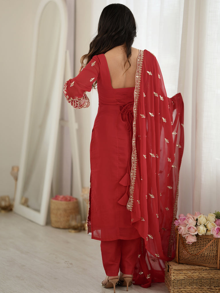 Classic Red Bead Embroidery Georgette Function Wear Salwar Suit