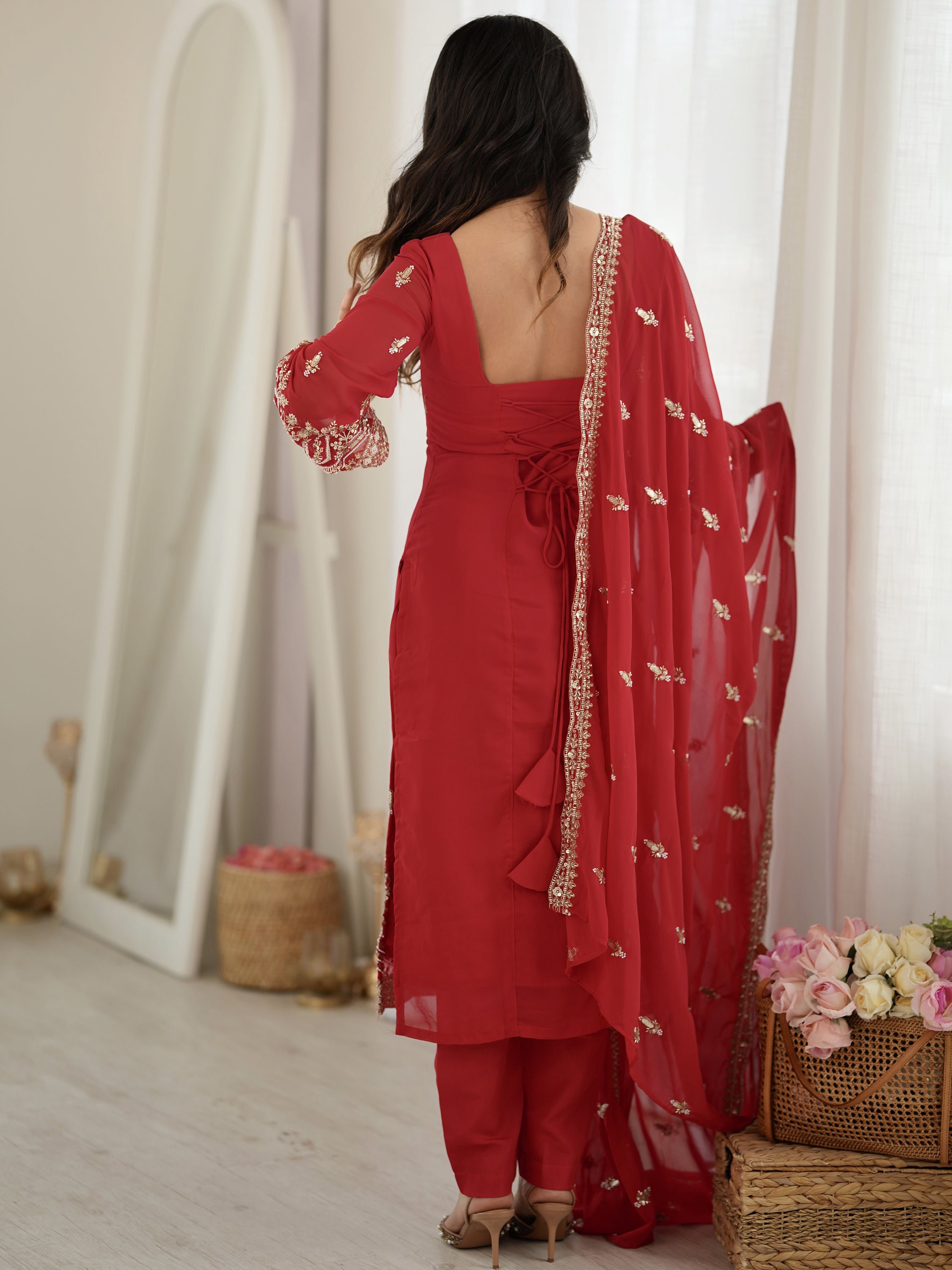 Classic Red Bead Embroidery Georgette Function Wear Salwar Suit