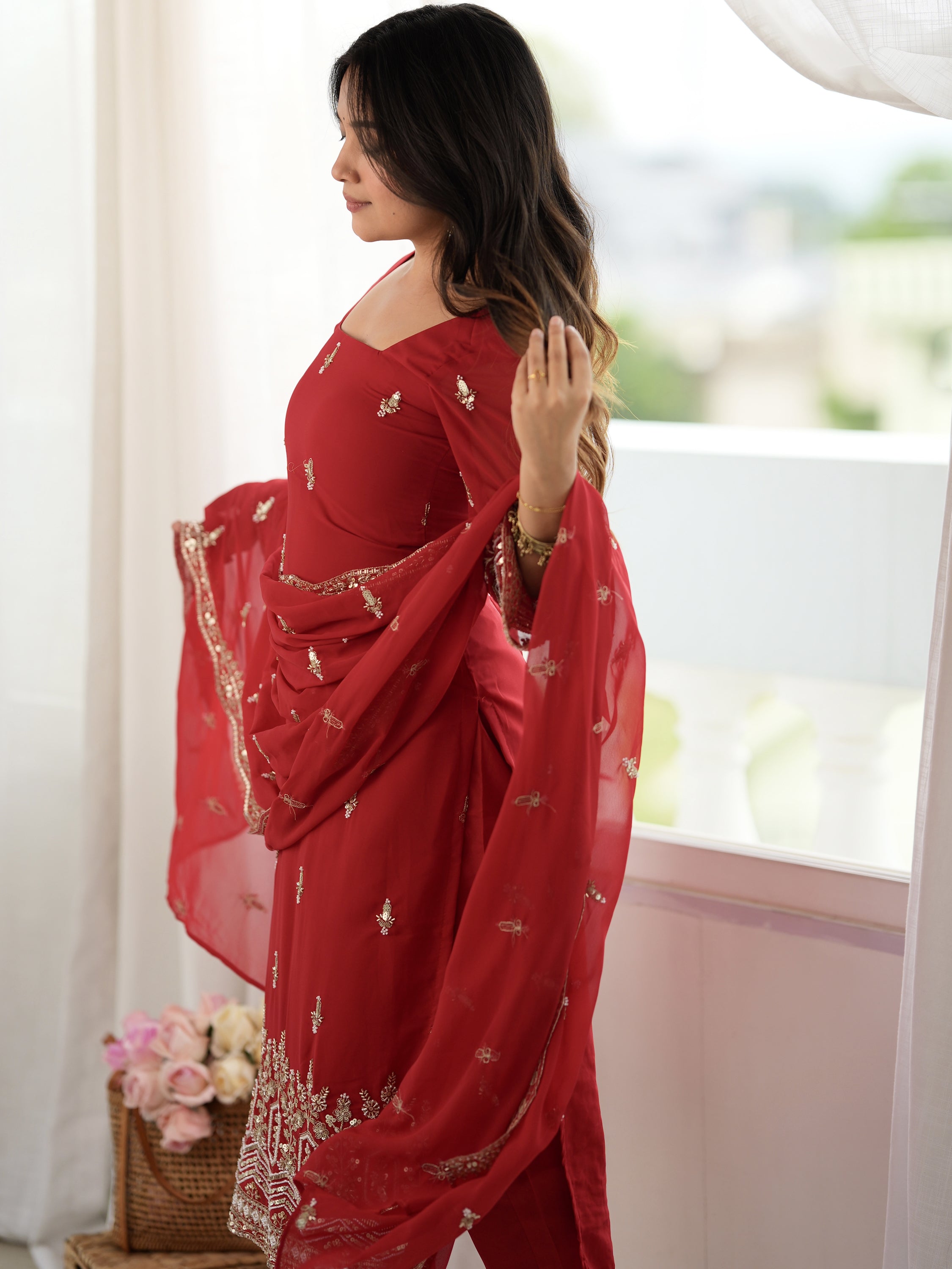 Classic Red Bead Embroidery Georgette Function Wear Salwar Suit