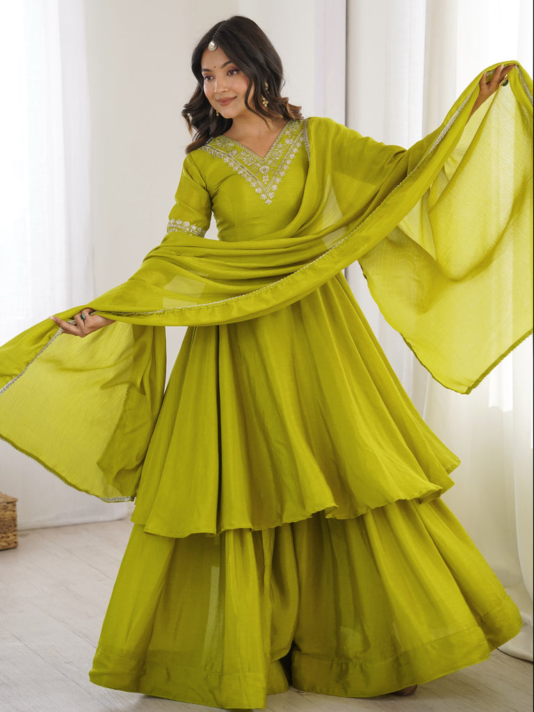 Stunning Olive Green Embroidered Chinon Mehendi Wear Palazzo Suit