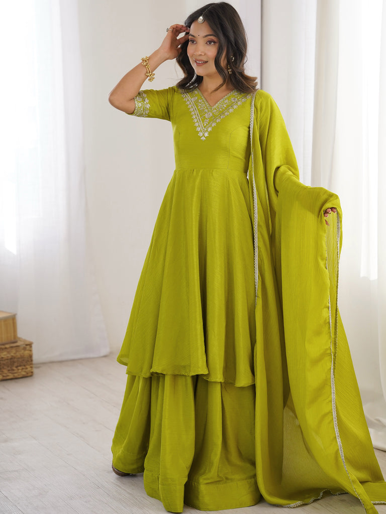 Stunning Olive Green Embroidered Chinon Mehendi Wear Palazzo Suit