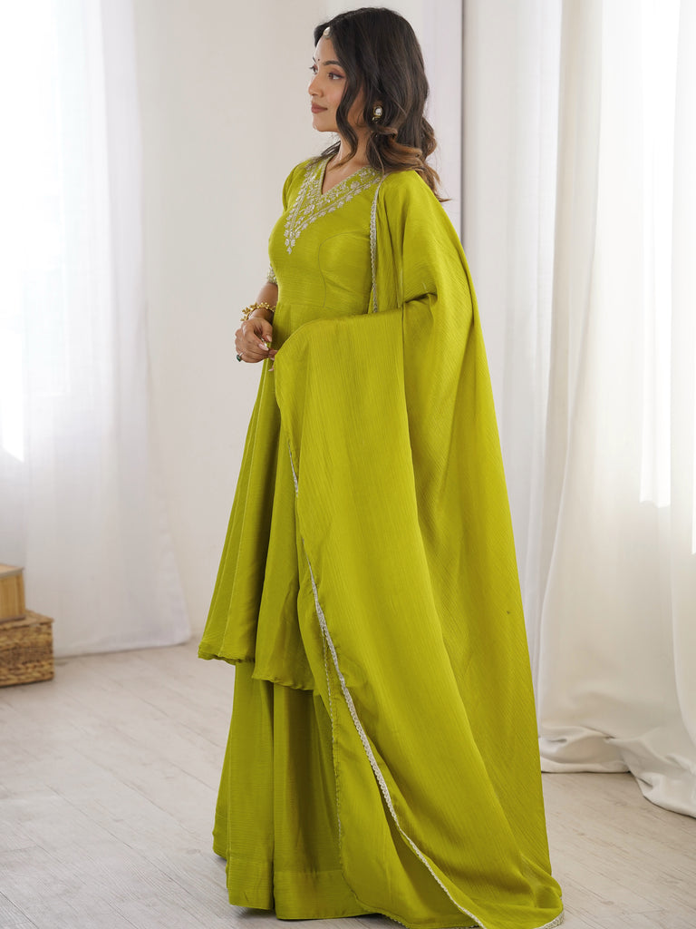 Stunning Olive Green Embroidered Chinon Mehendi Wear Palazzo Suit