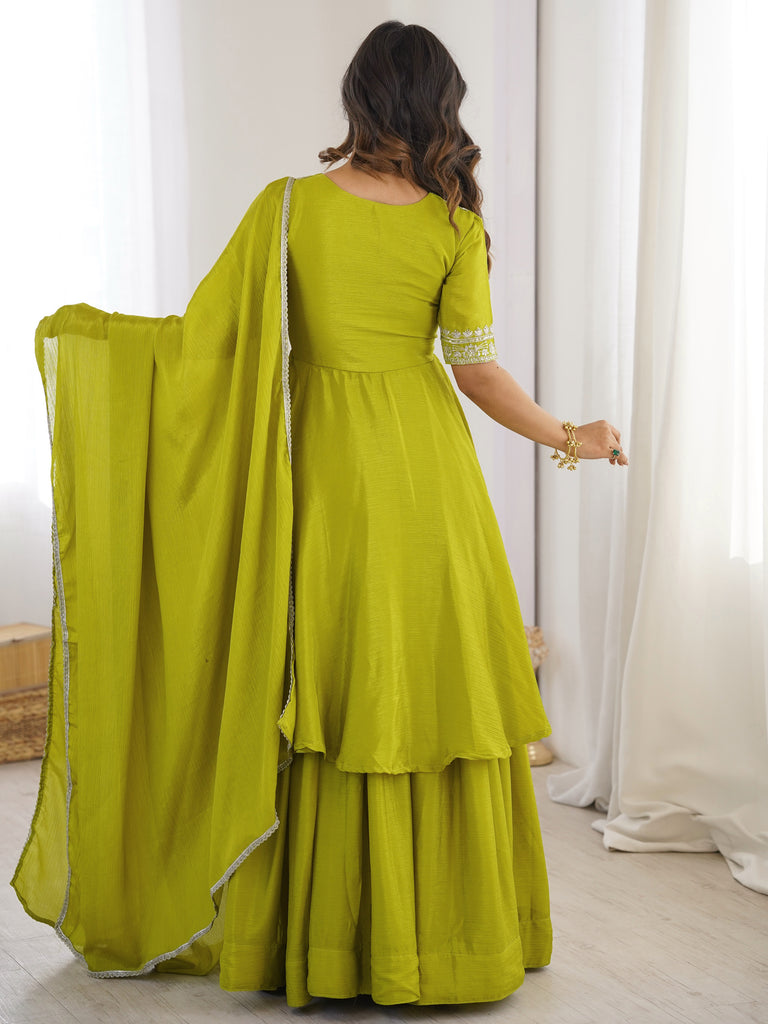 Stunning Olive Green Embroidered Chinon Mehendi Wear Palazzo Suit