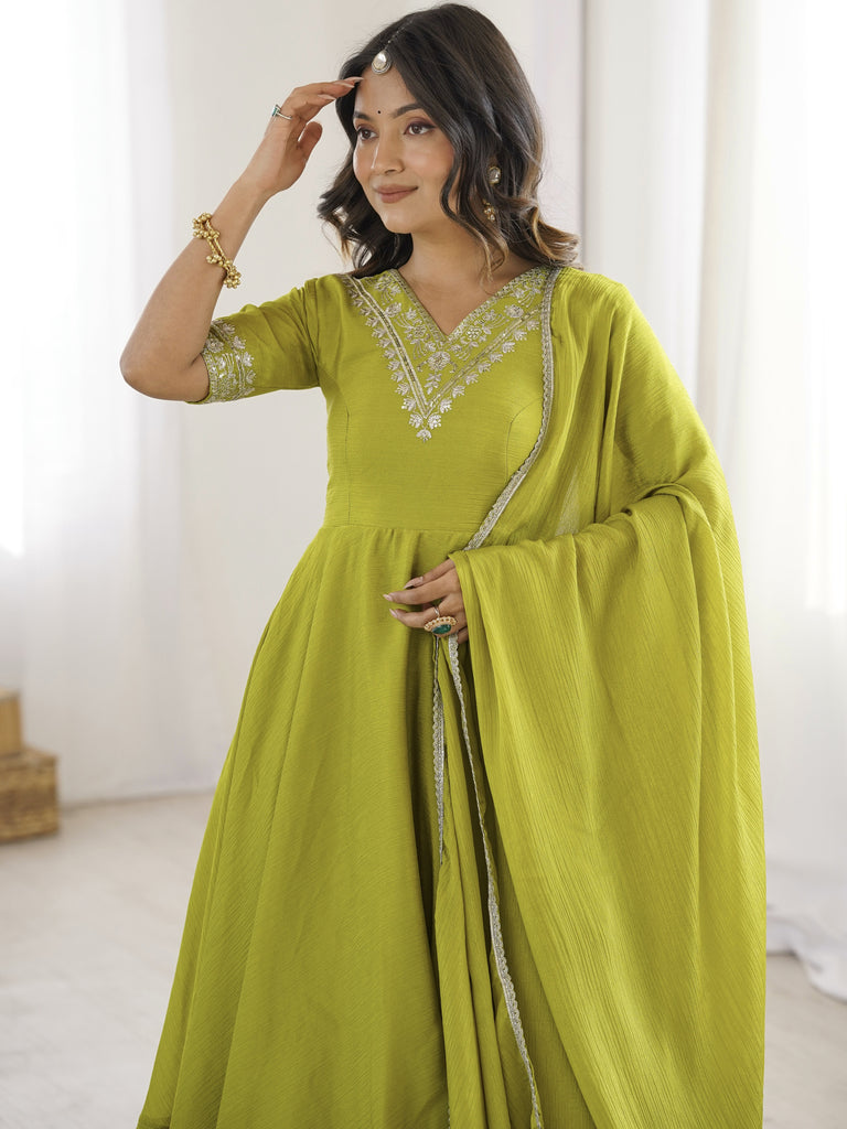 Stunning Olive Green Embroidered Chinon Mehendi Wear Palazzo Suit