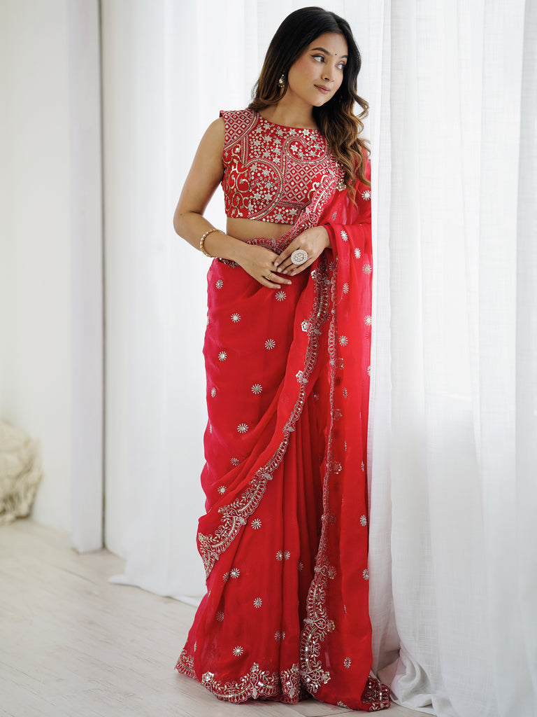 Lovable Red Thread Work Chiffon Wedding Wear Saree With Blouse
