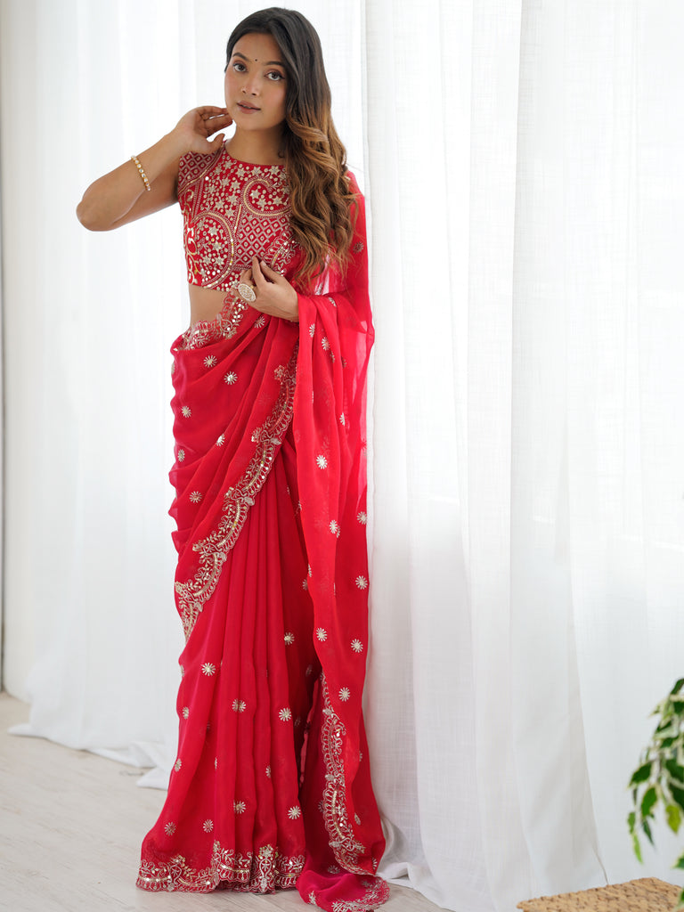 Lovable Red Thread Work Chiffon Wedding Wear Saree With Blouse