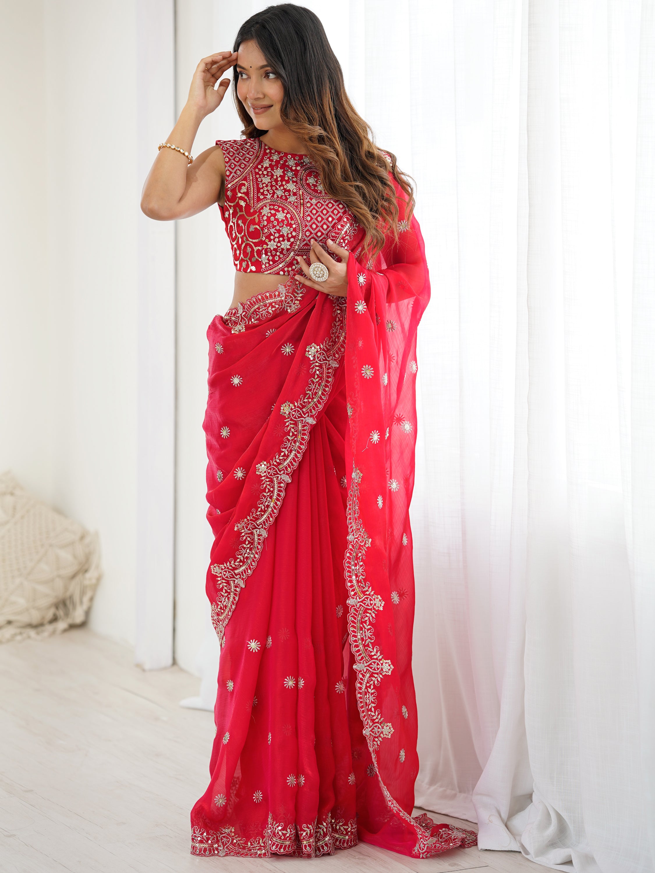 Lovable Red Thread Work Chiffon Wedding Wear Saree With Blouse