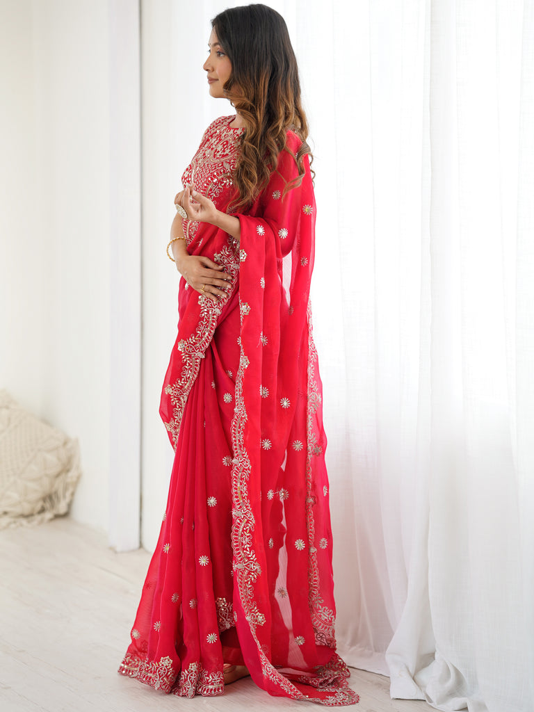 Lovable Red Thread Work Chiffon Wedding Wear Saree With Blouse