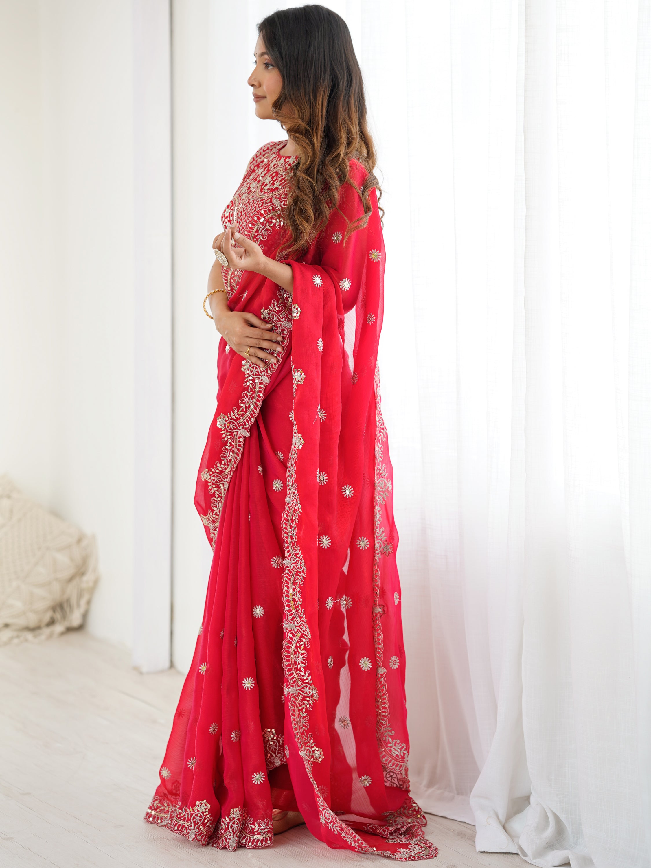 Lovable Red Thread Work Chiffon Wedding Wear Saree With Blouse