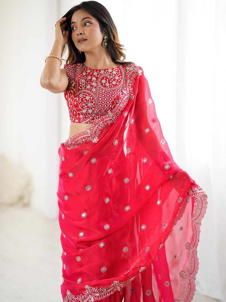Lovable Red Thread Work Chiffon Wedding Wear Saree With Blouse