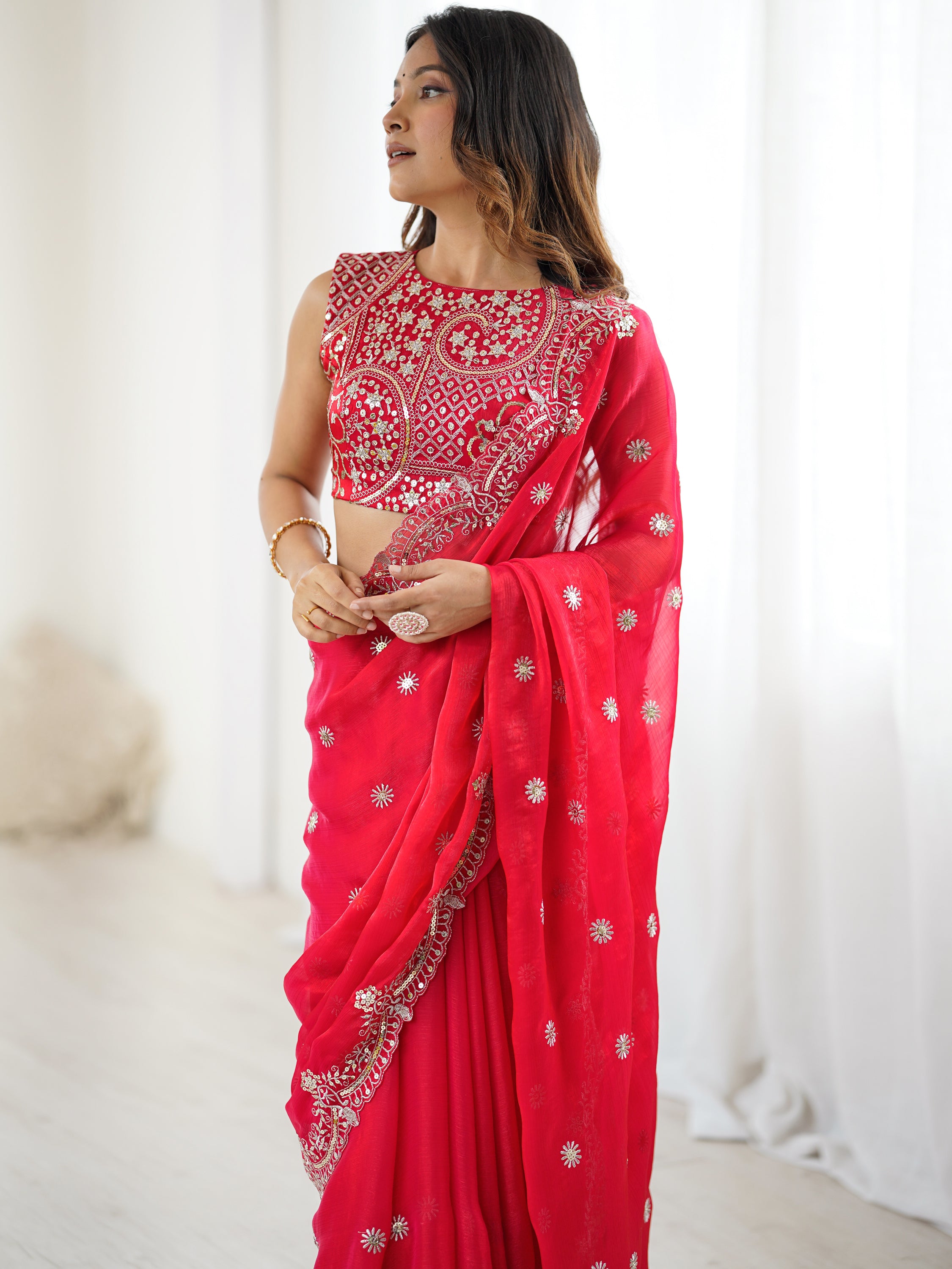 Lovable Red Thread Work Chiffon Wedding Wear Saree With Blouse