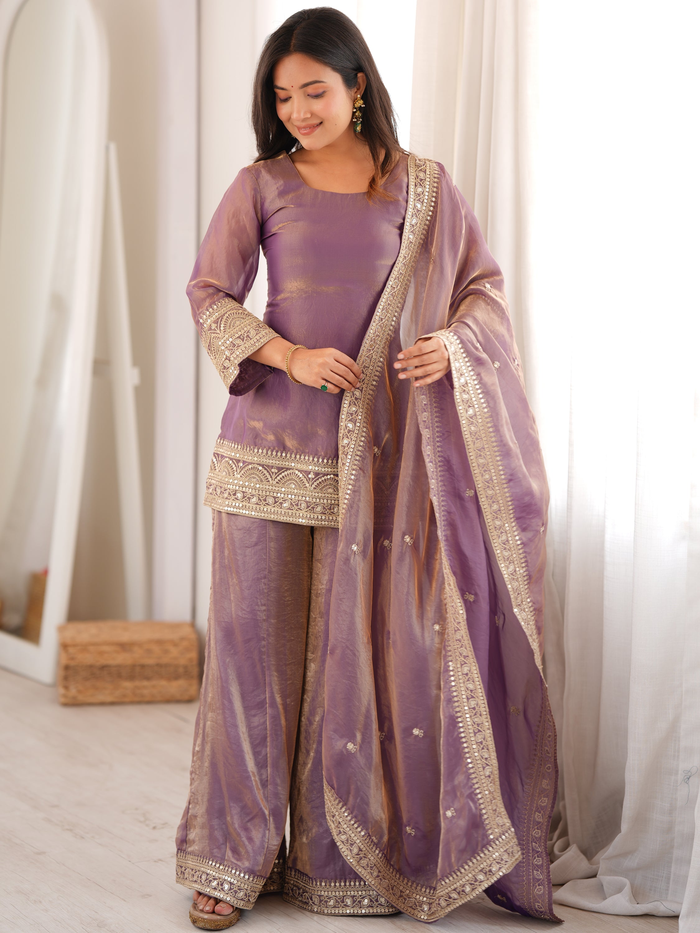 Breathtaking Lavender Sequins Silk Wedding Wear Palazzo Suit