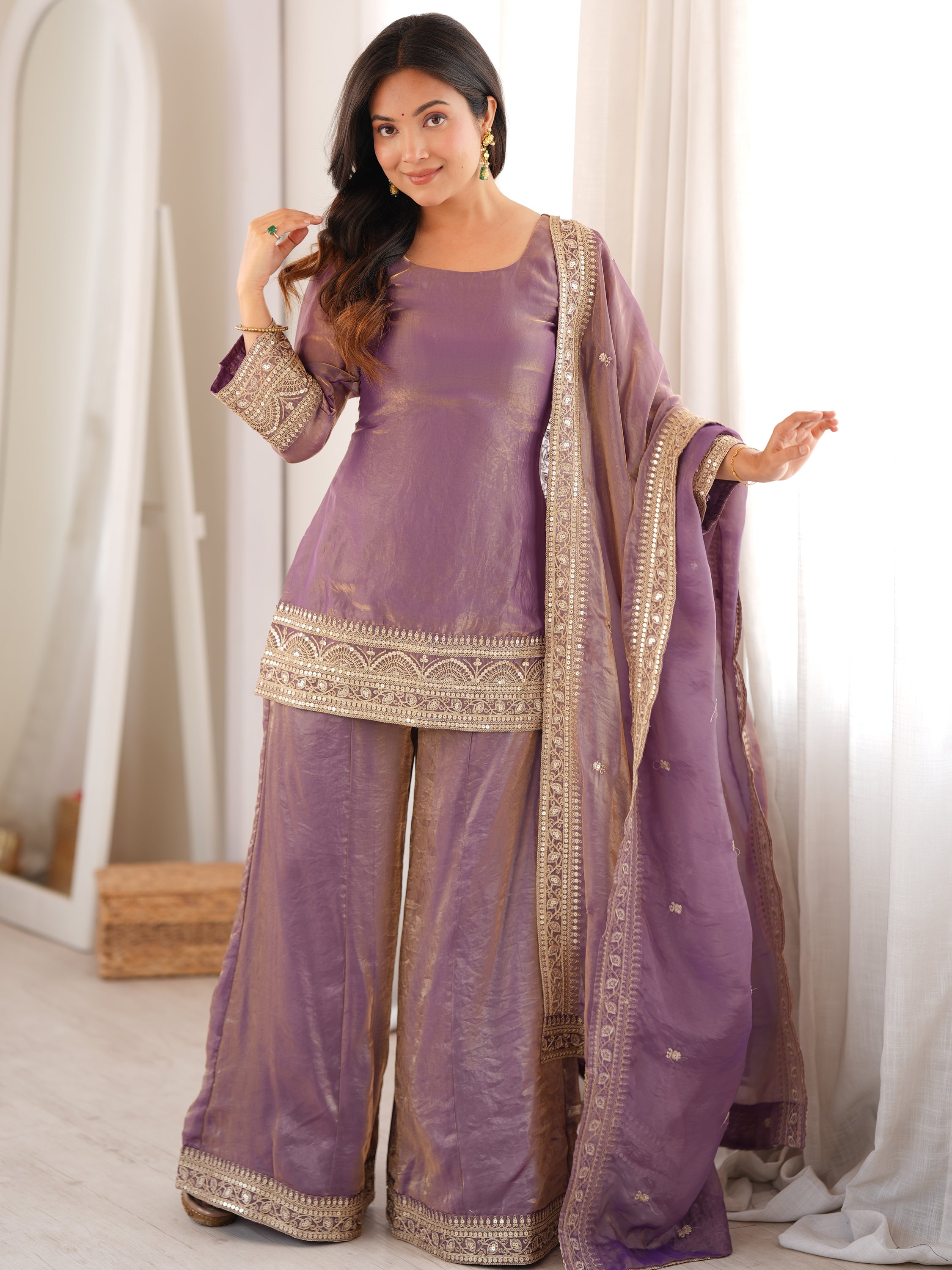 Breathtaking Lavender Sequins Silk Wedding Wear Palazzo Suit