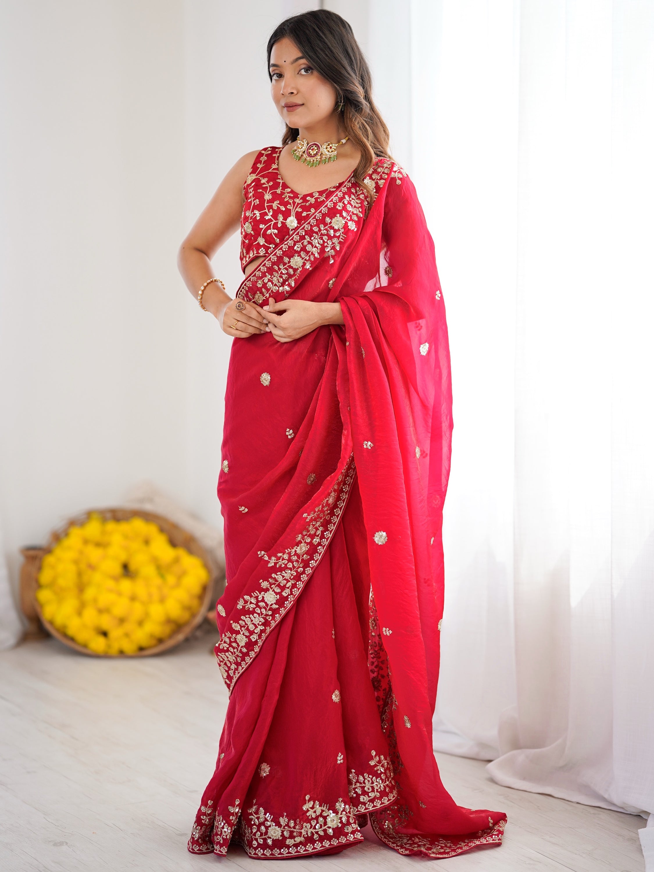 Elegant Red Sequins Silk Reception Wear Saree With Blouse