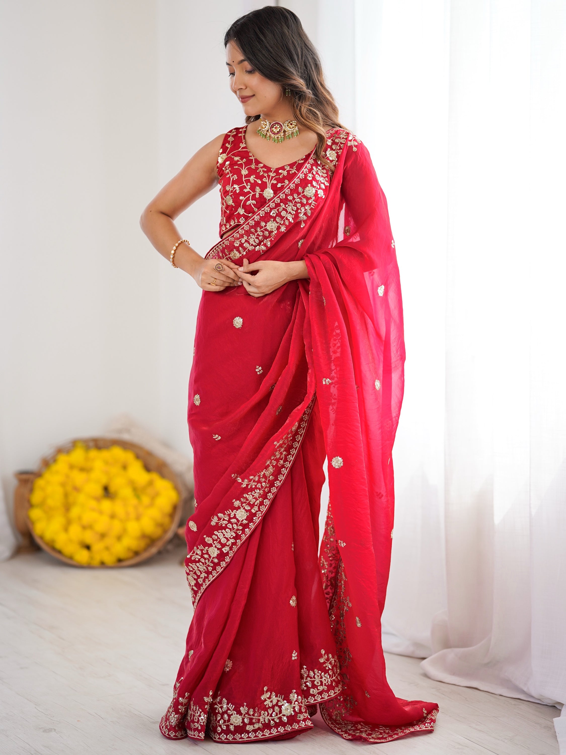Elegant Red Sequins Silk Reception Wear Saree With Blouse