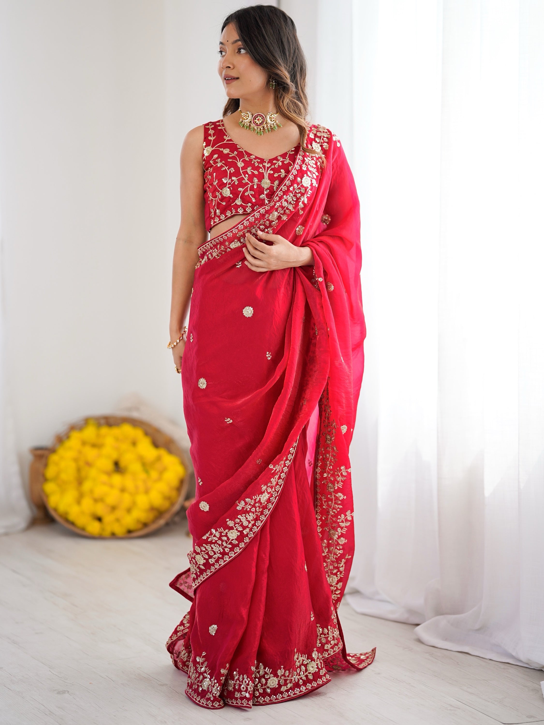 Elegant Red Sequins Silk Reception Wear Saree With Blouse