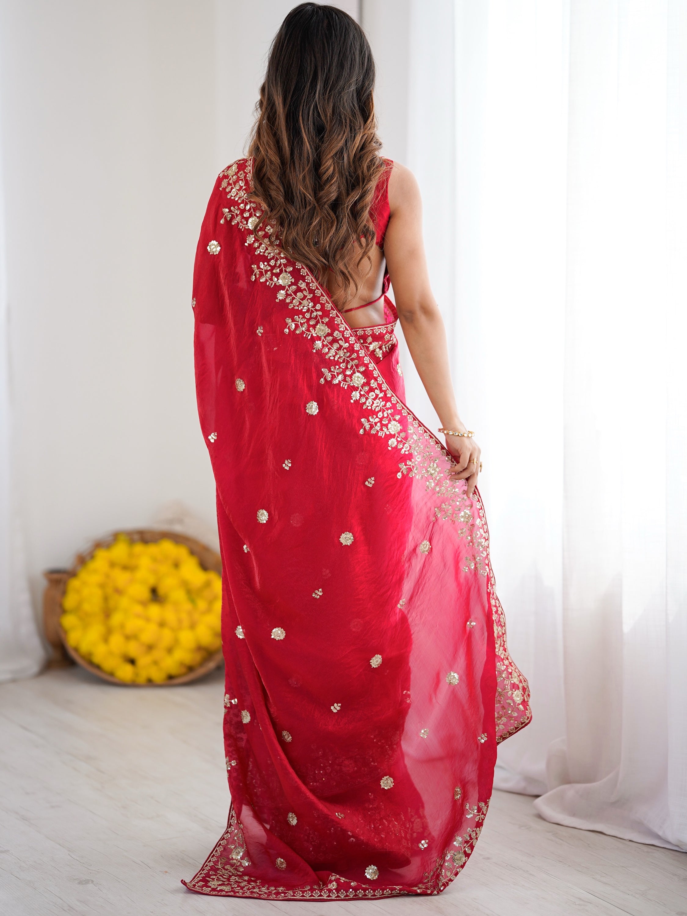 Elegant Red Sequins Silk Reception Wear Saree With Blouse