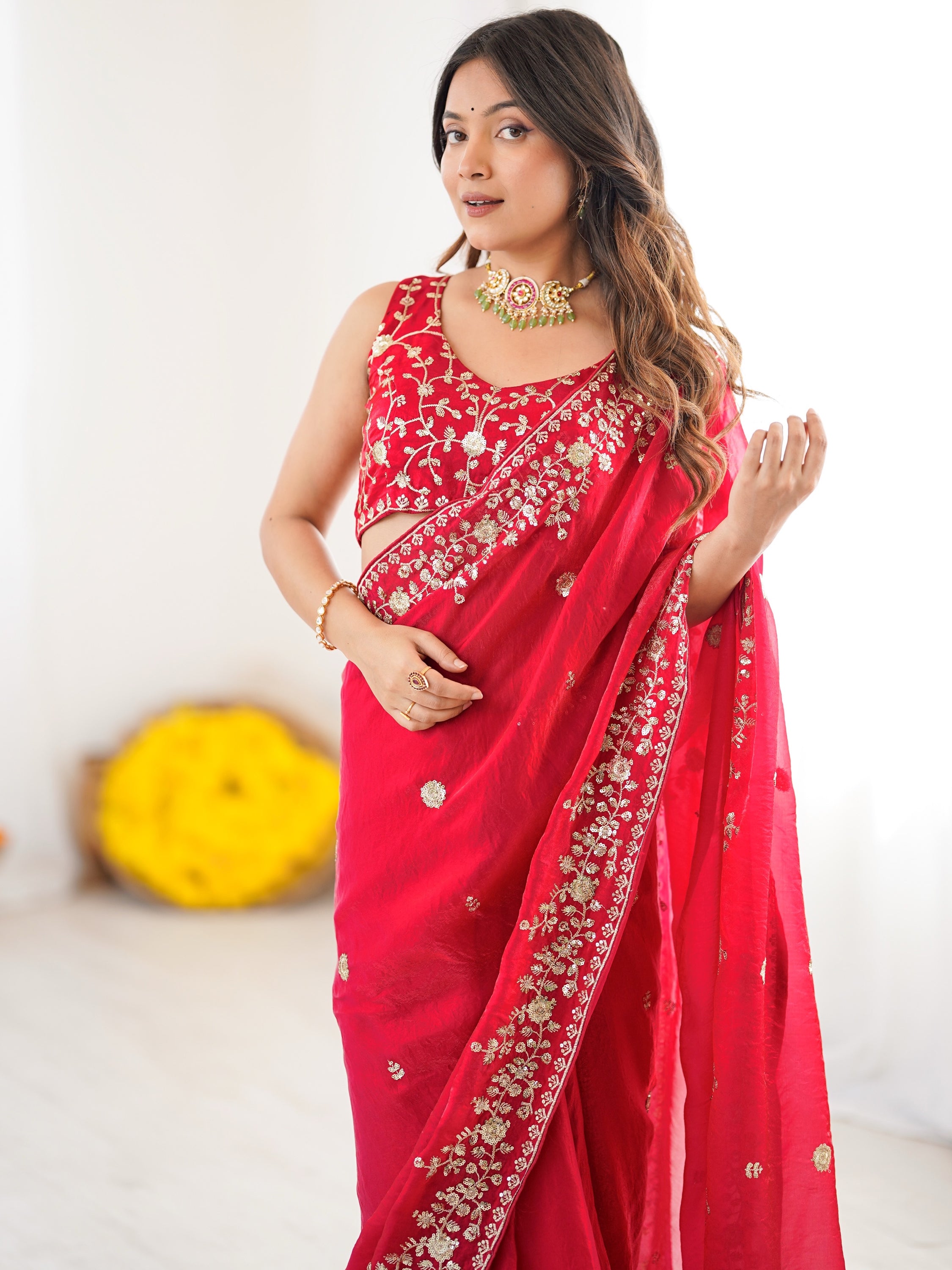 Elegant Red Sequins Silk Reception Wear Saree With Blouse