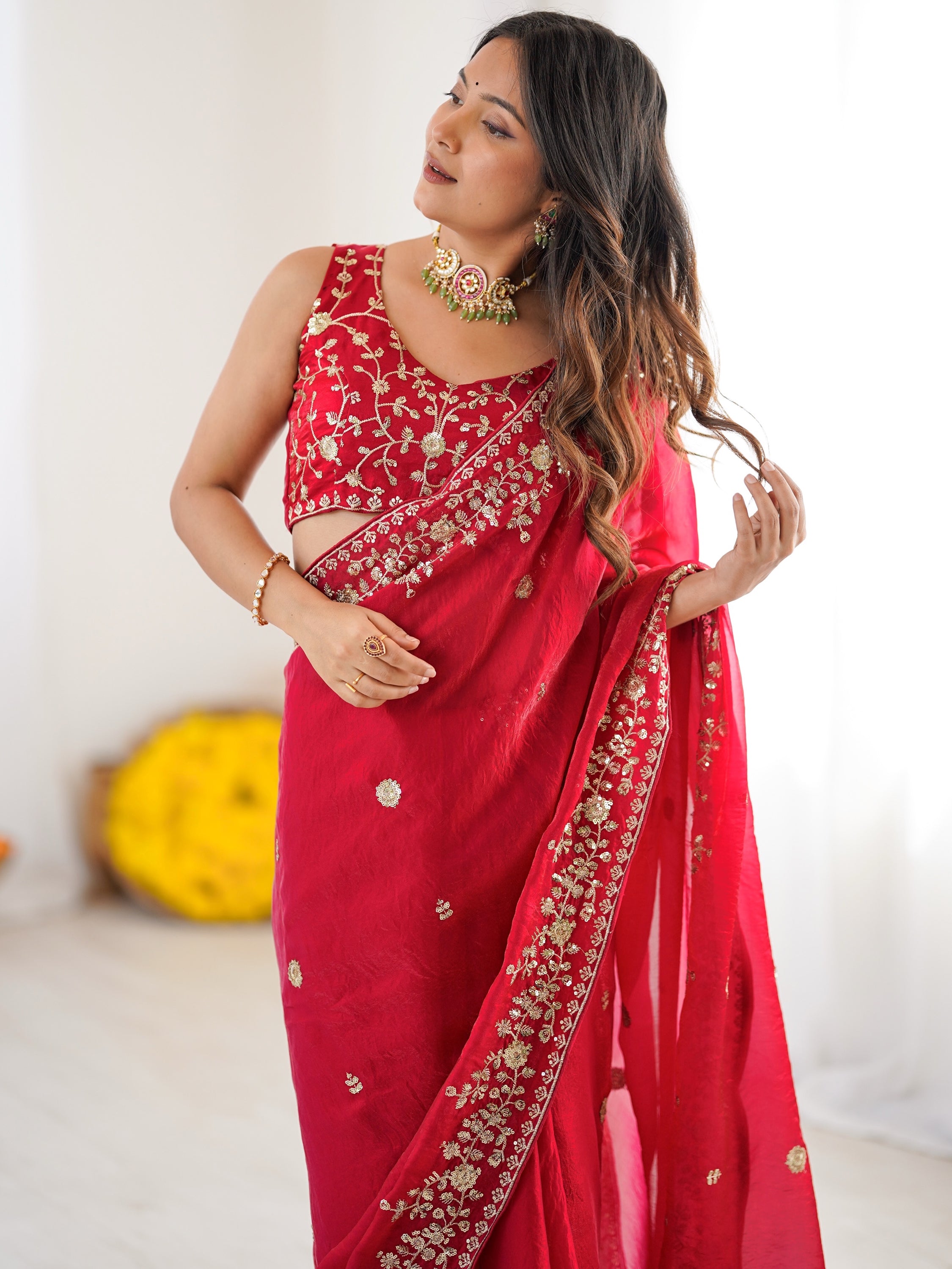 Elegant Red Sequins Silk Reception Wear Saree With Blouse