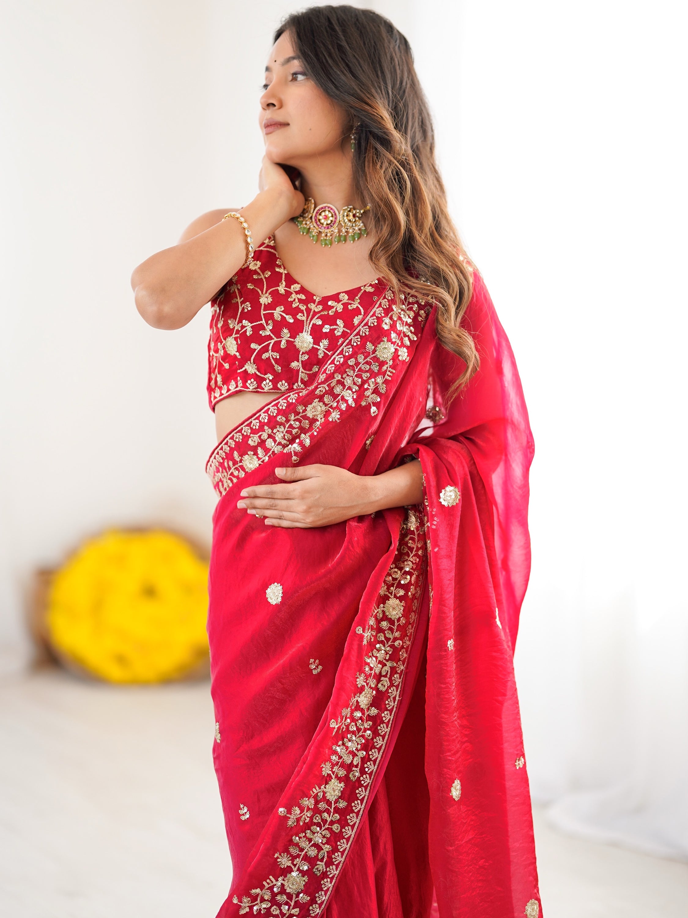 Elegant Red Sequins Silk Reception Wear Saree With Blouse