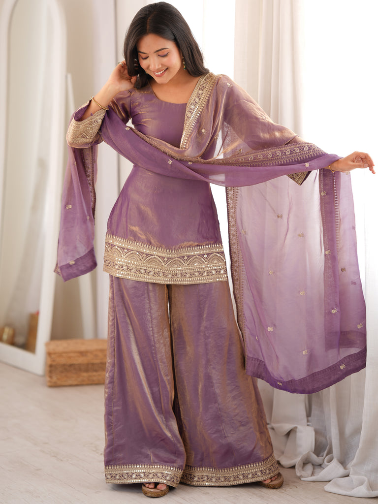 Breathtaking Lavender Sequins Silk Wedding Wear Palazzo Suit