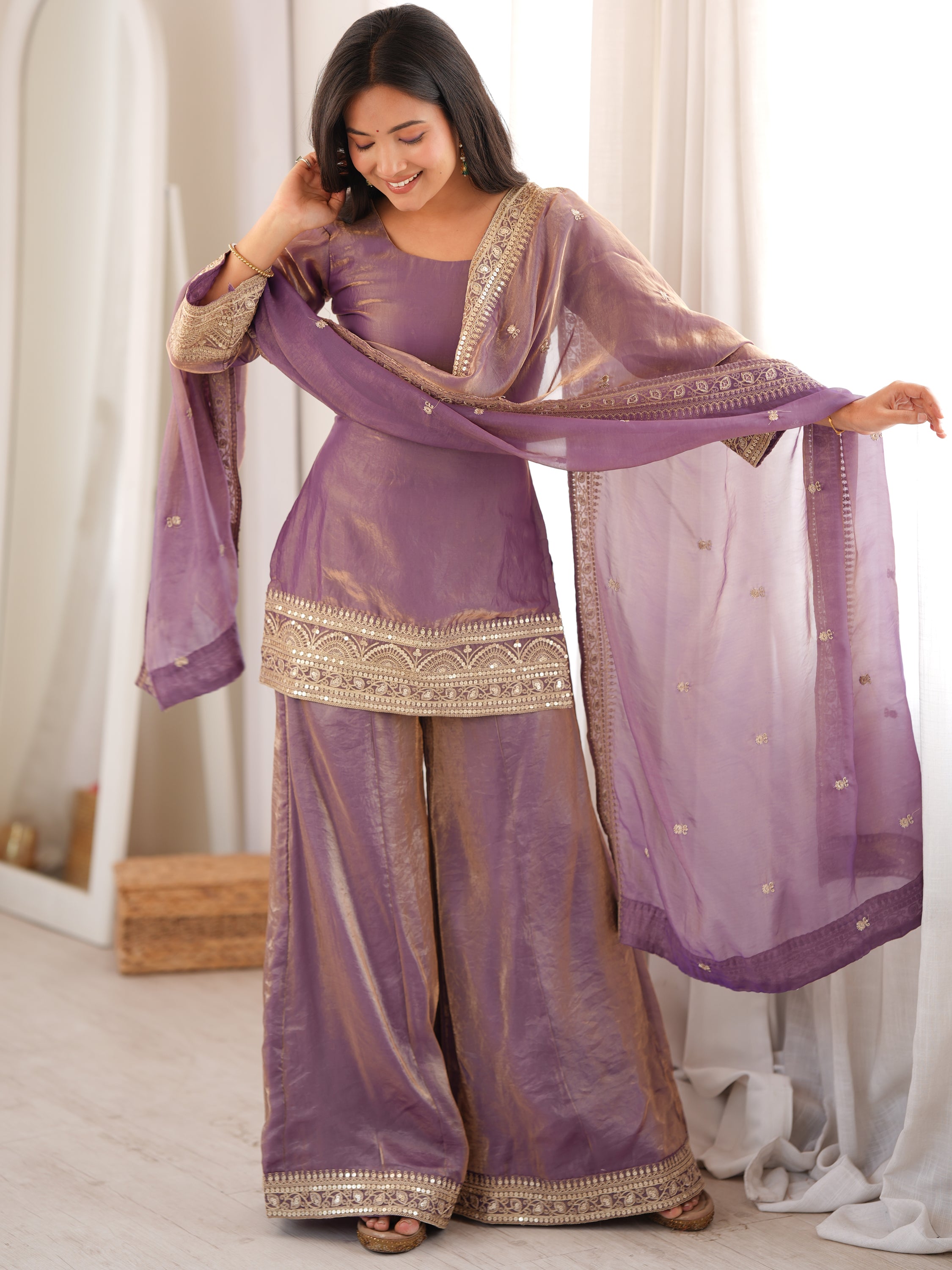 Breathtaking Lavender Sequins Silk Wedding Wear Palazzo Suit