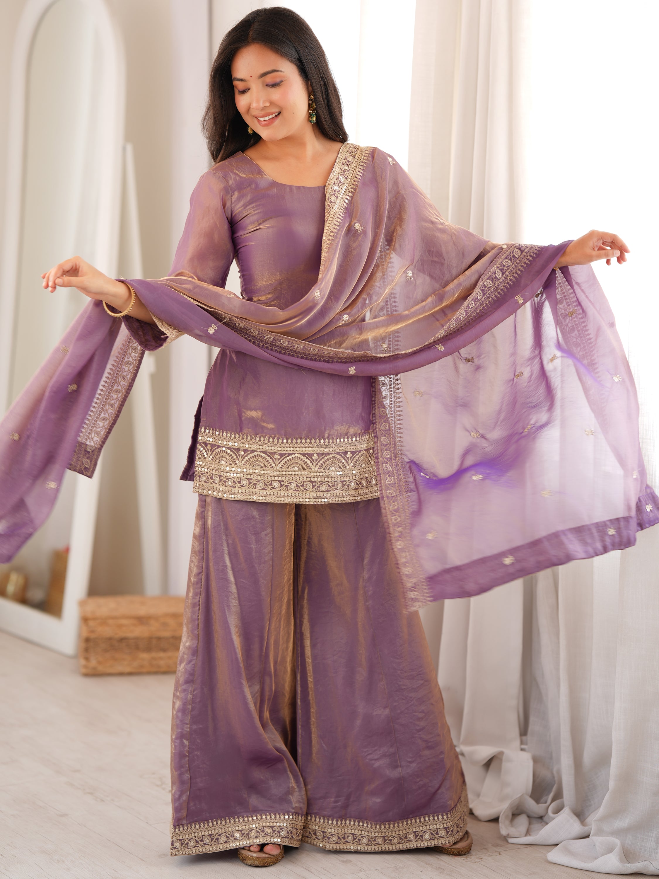 Breathtaking Lavender Sequins Silk Wedding Wear Palazzo Suit