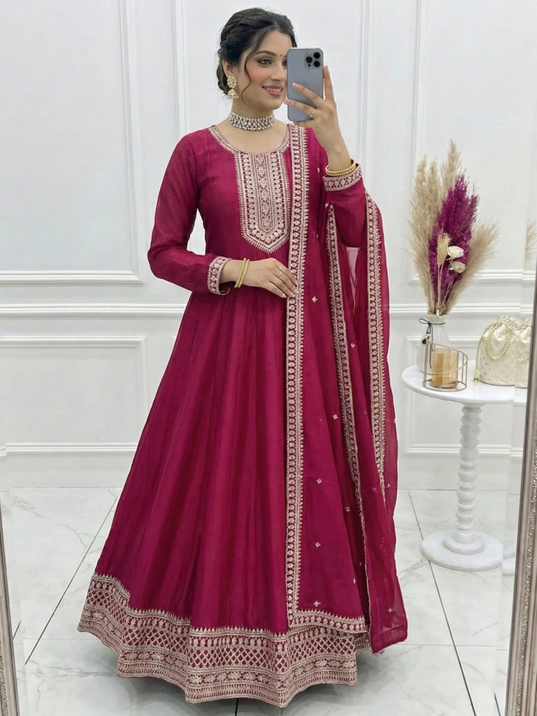 Gorgeous Pink Sequins Silk Festival Wear Anarkali Gown With Dupatta