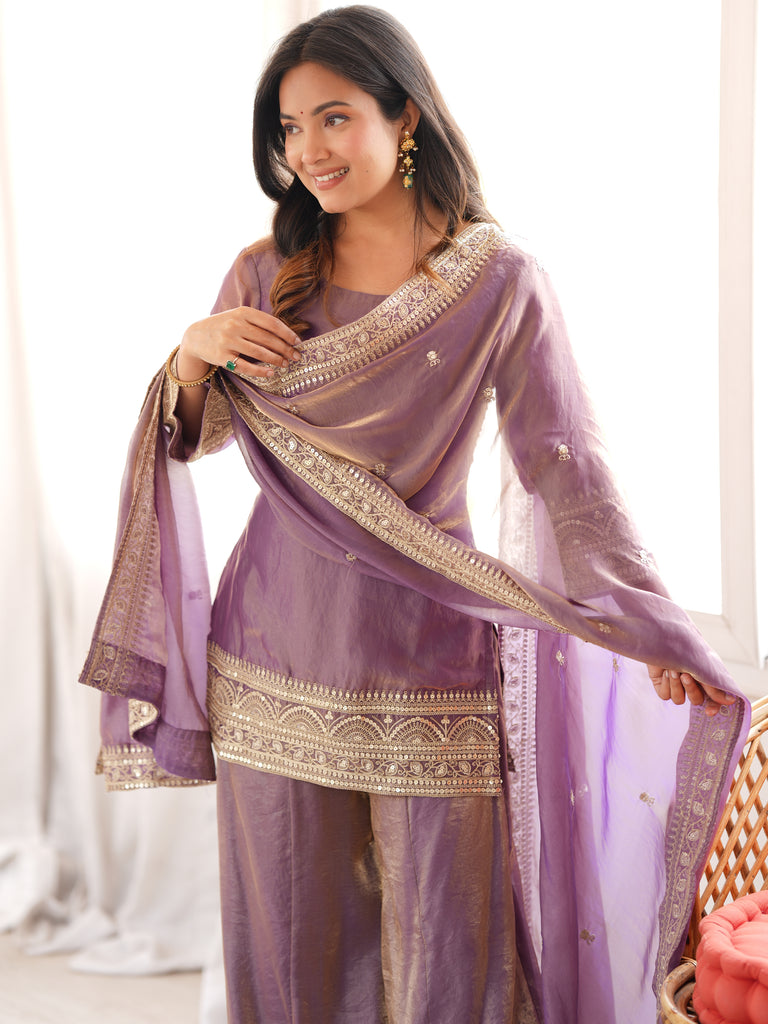 Breathtaking Lavender Sequins Silk Wedding Wear Palazzo Suit