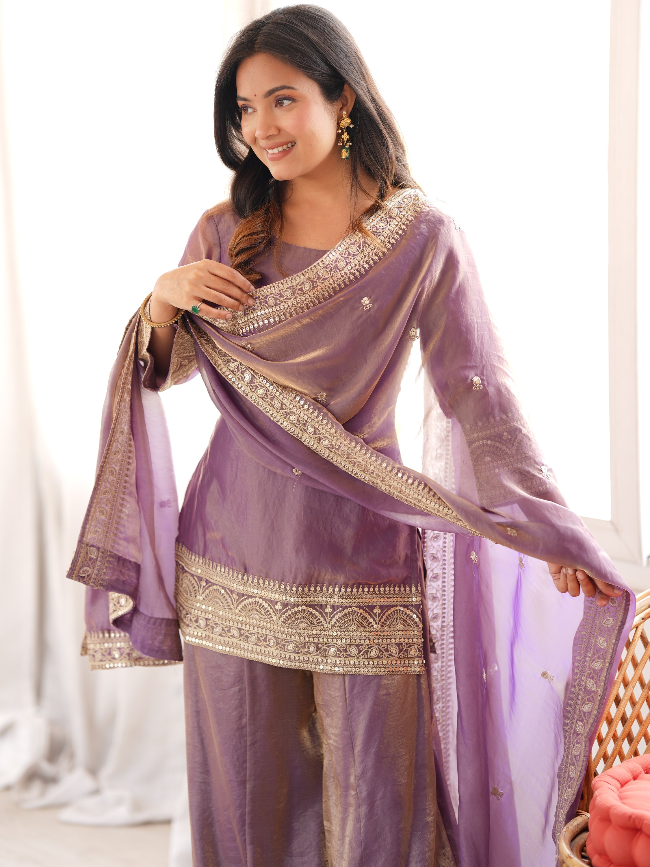 Breathtaking Lavender Sequins Silk Wedding Wear Palazzo Suit