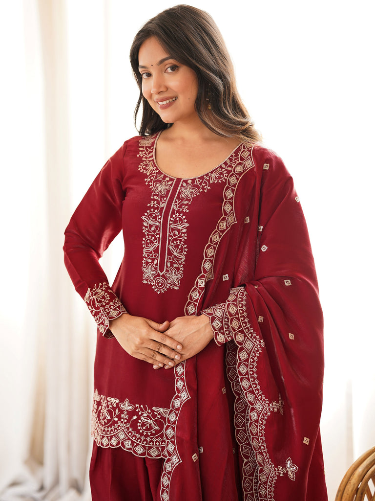 Lovely Red Zari Work Silk Wedding Wear Salwar Suit With Dupatta