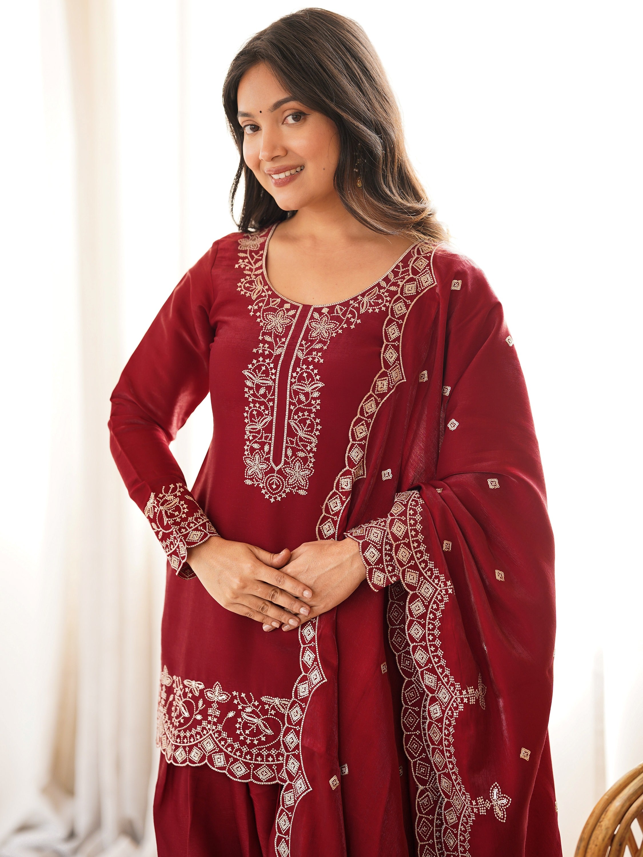 Lovely Red Zari Work Silk Wedding Wear Salwar Suit With Dupatta