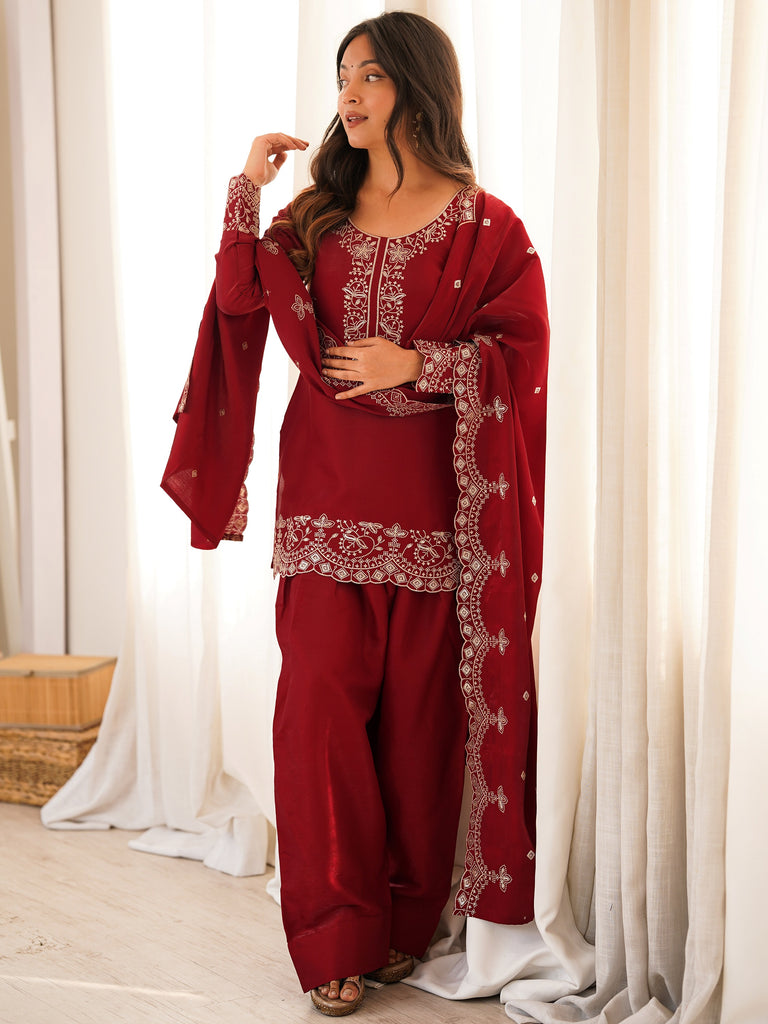 Lovely Red Zari Work Silk Wedding Wear Salwar Suit With Dupatta