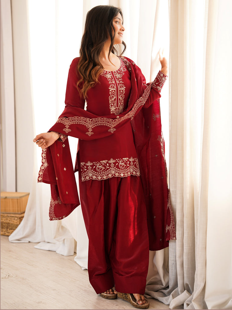 Lovely Red Zari Work Silk Wedding Wear Salwar Suit With Dupatta