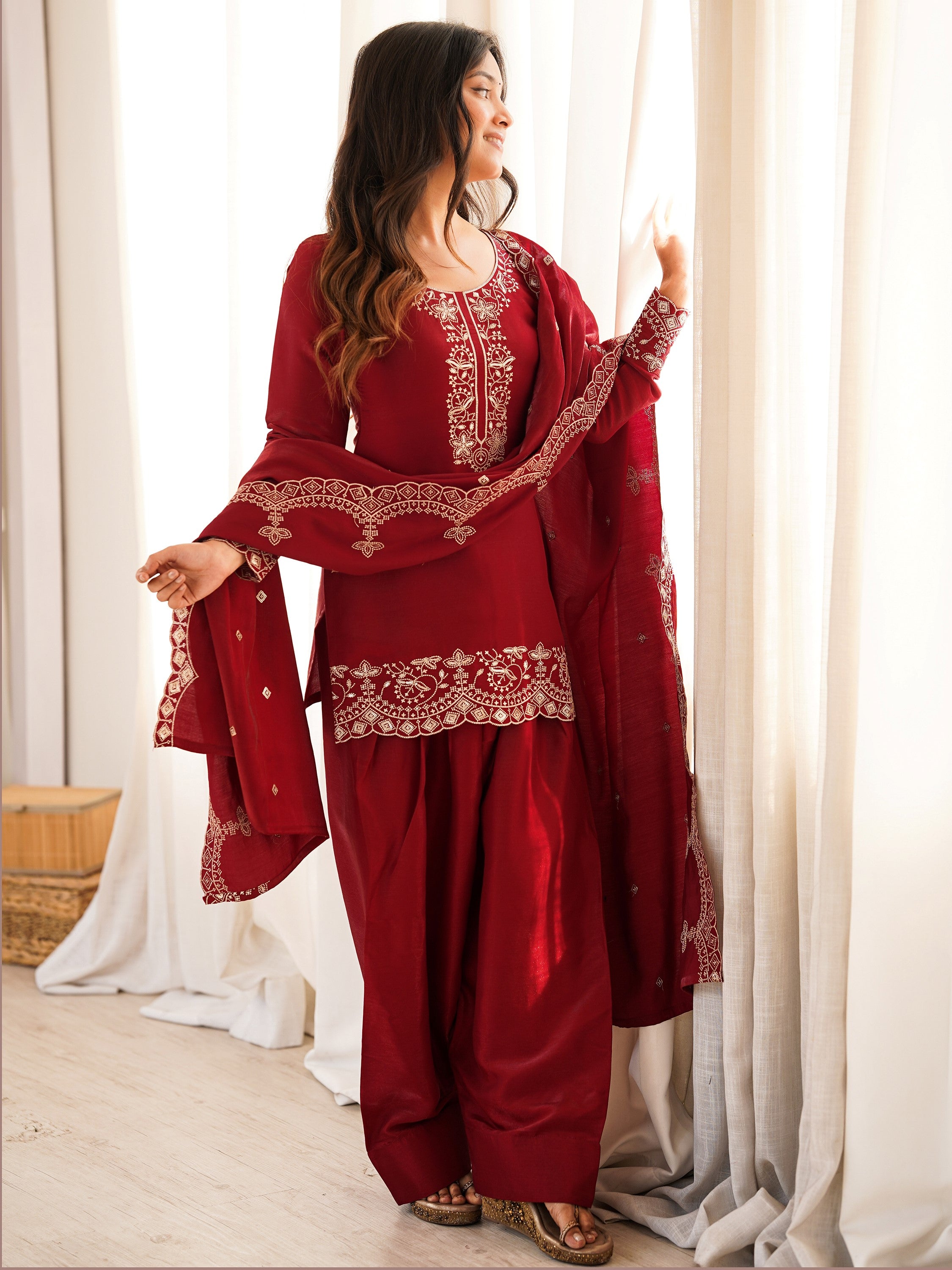 Lovely Red Zari Work Silk Wedding Wear Salwar Suit With Dupatta