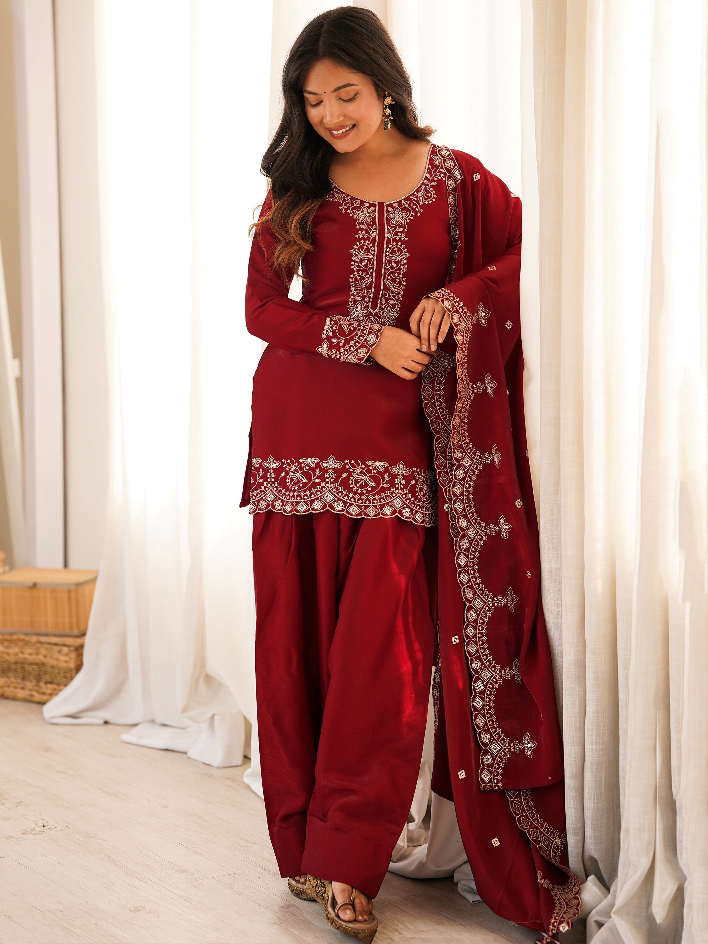 Lovely Red Zari Work Silk Wedding Wear Salwar Suit With Dupatta