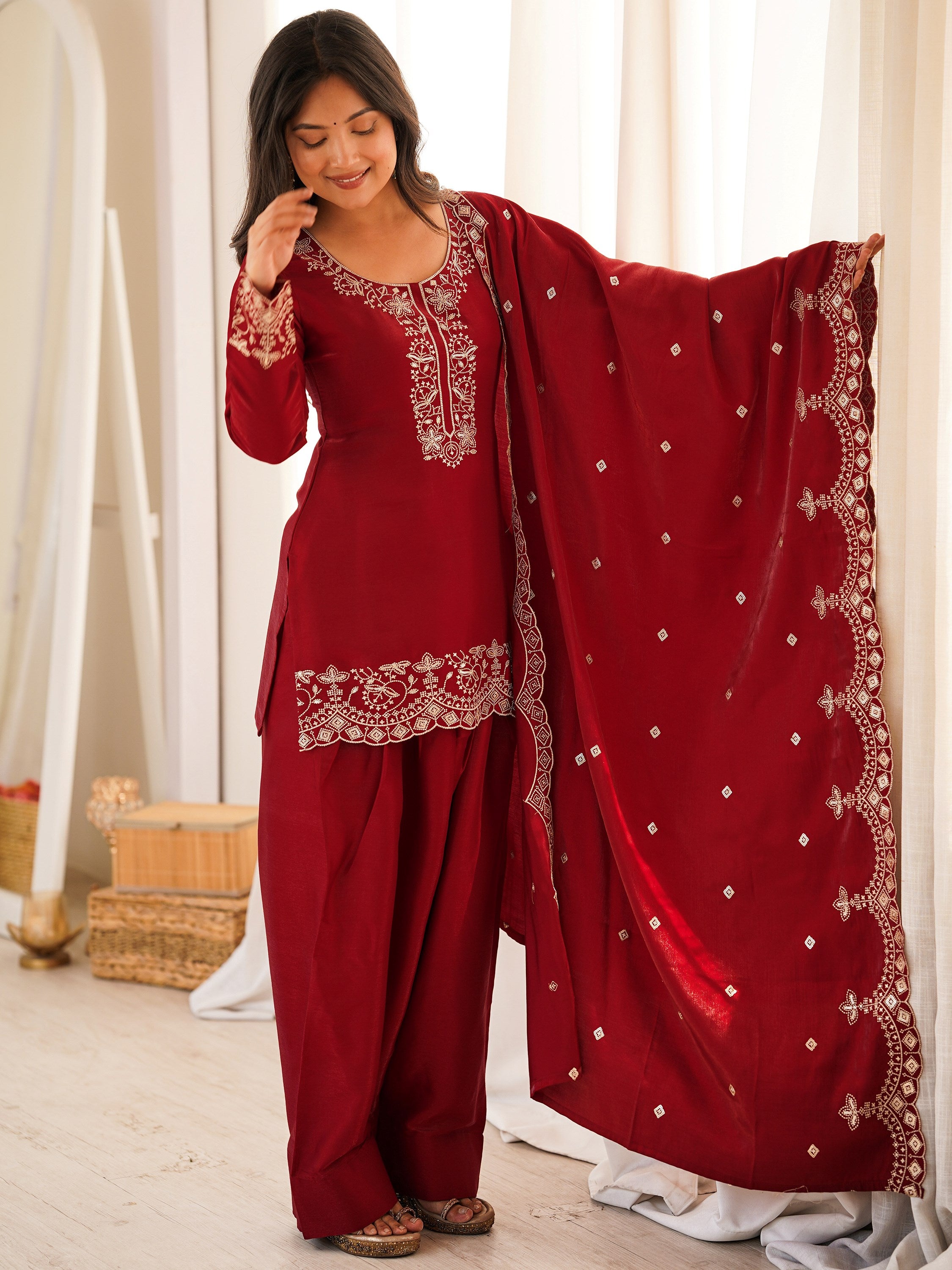 Lovely Red Zari Work Silk Wedding Wear Salwar Suit With Dupatta