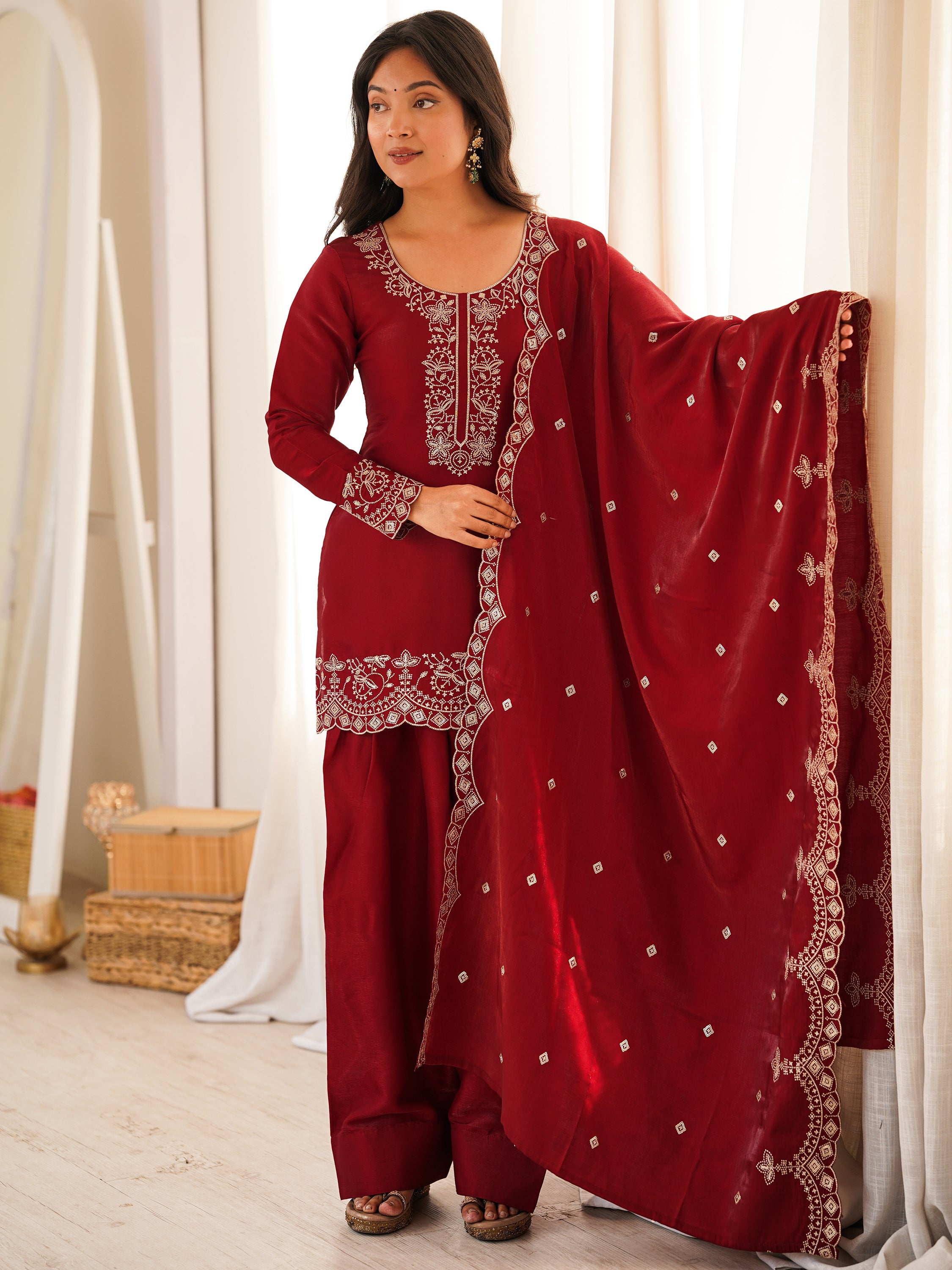 Lovely Red Zari Work Silk Wedding Wear Salwar Suit With Dupatta