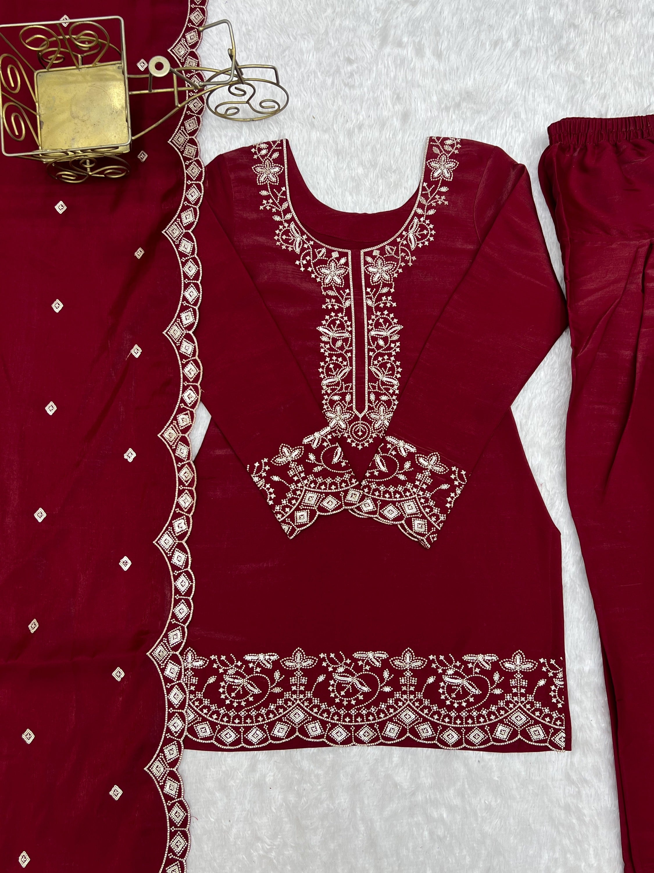 Lovely Red Zari Work Silk Wedding Wear Salwar Suit With Dupatta