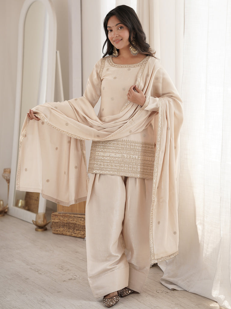 Awesome Off-White Zari Embroidery Silk Festive Wear Salwar Suit