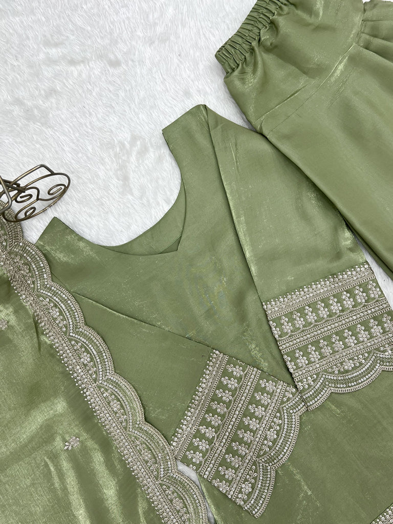 Wonderful Olive Green Dori Work Silk Mehendi Wear Salwar Suit