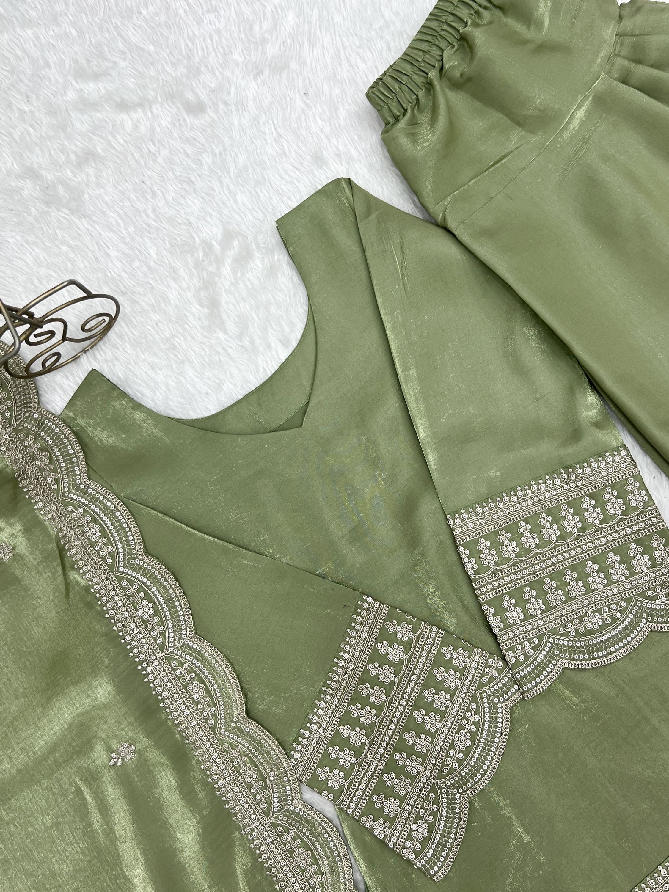 Wonderful Olive Green Dori Work Silk Mehendi Wear Salwar Suit