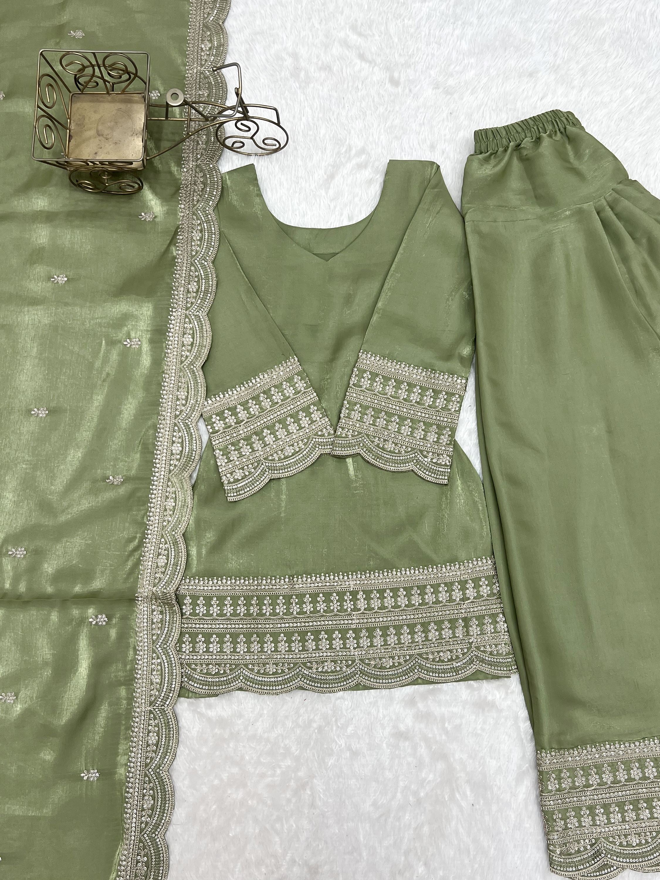 Wonderful Olive Green Dori Work Silk Mehendi Wear Salwar Suit