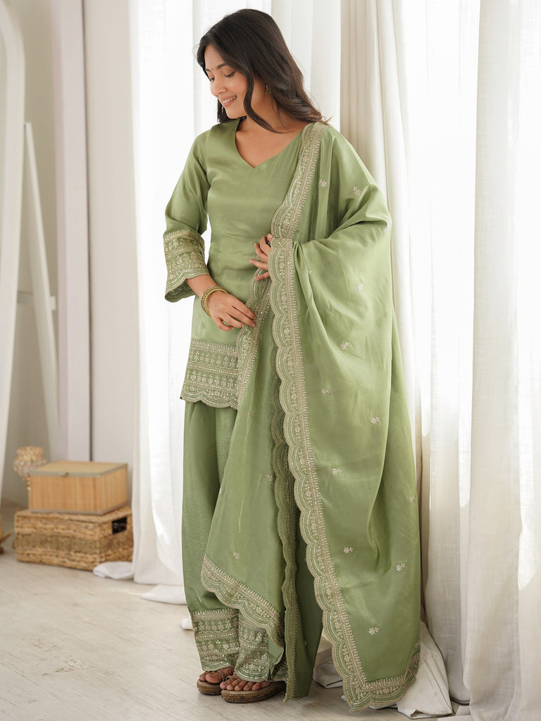 Wonderful Olive Green Dori Work Silk Mehendi Wear Salwar Suit
