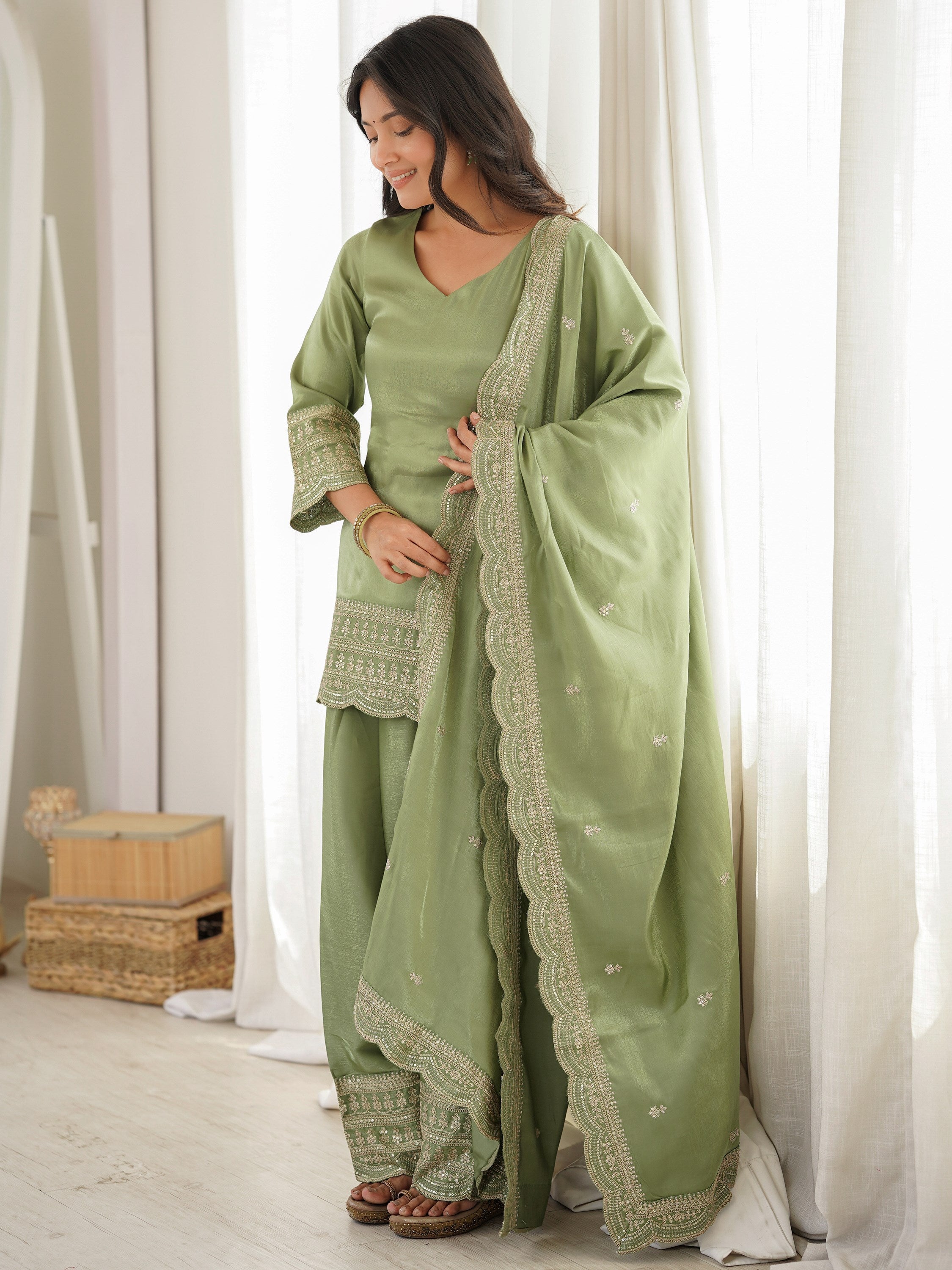 Wonderful Olive Green Dori Work Silk Mehendi Wear Salwar Suit
